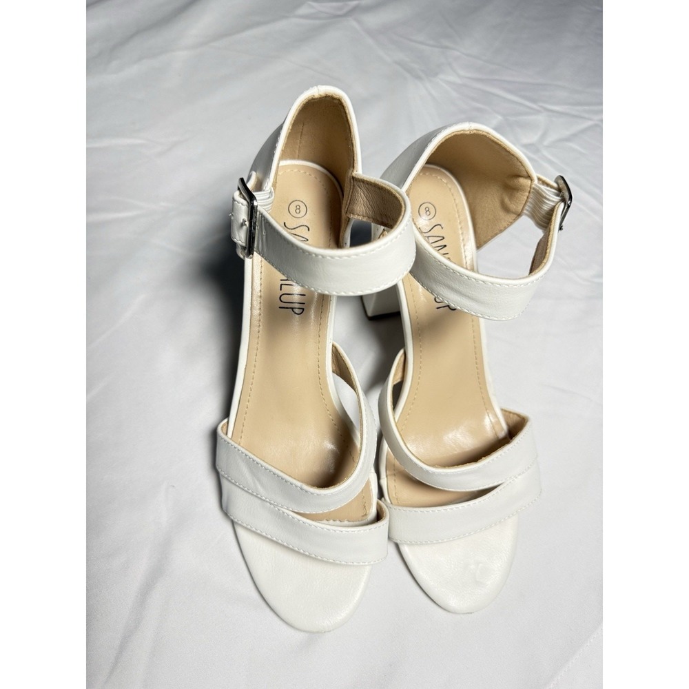 Sandup Women's White Strappy Block Heel Sandals Ankle Strap Buckle Size 8